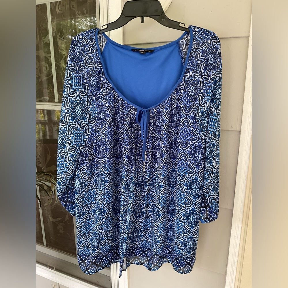 Zac & Rachel Womens Blouse Size 3X Floral Print Boho Tie Neck Long Sleeve EUC